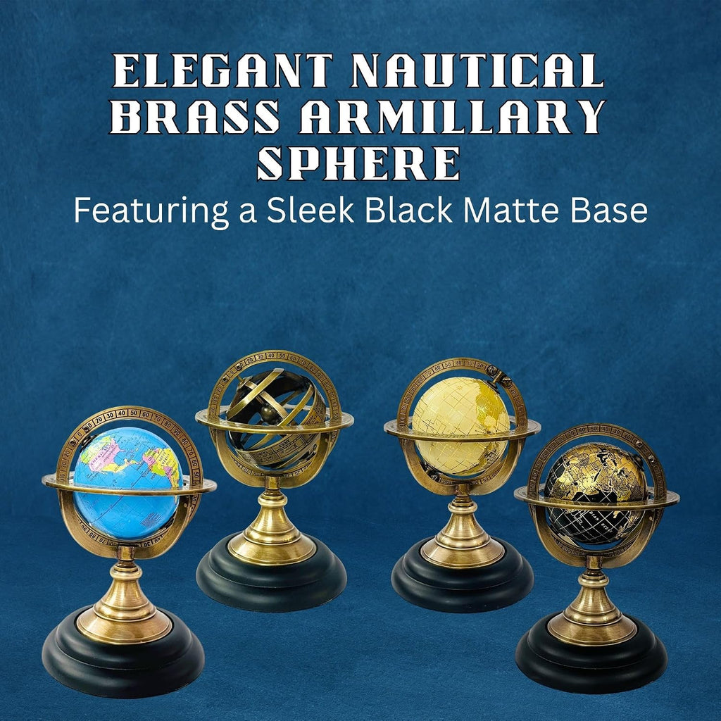 5.10" Nautical Brass Armillary Sphere World Globe with Aqua Blue Map, Jet Black Wooden Base - Elegant, Durable Decor
