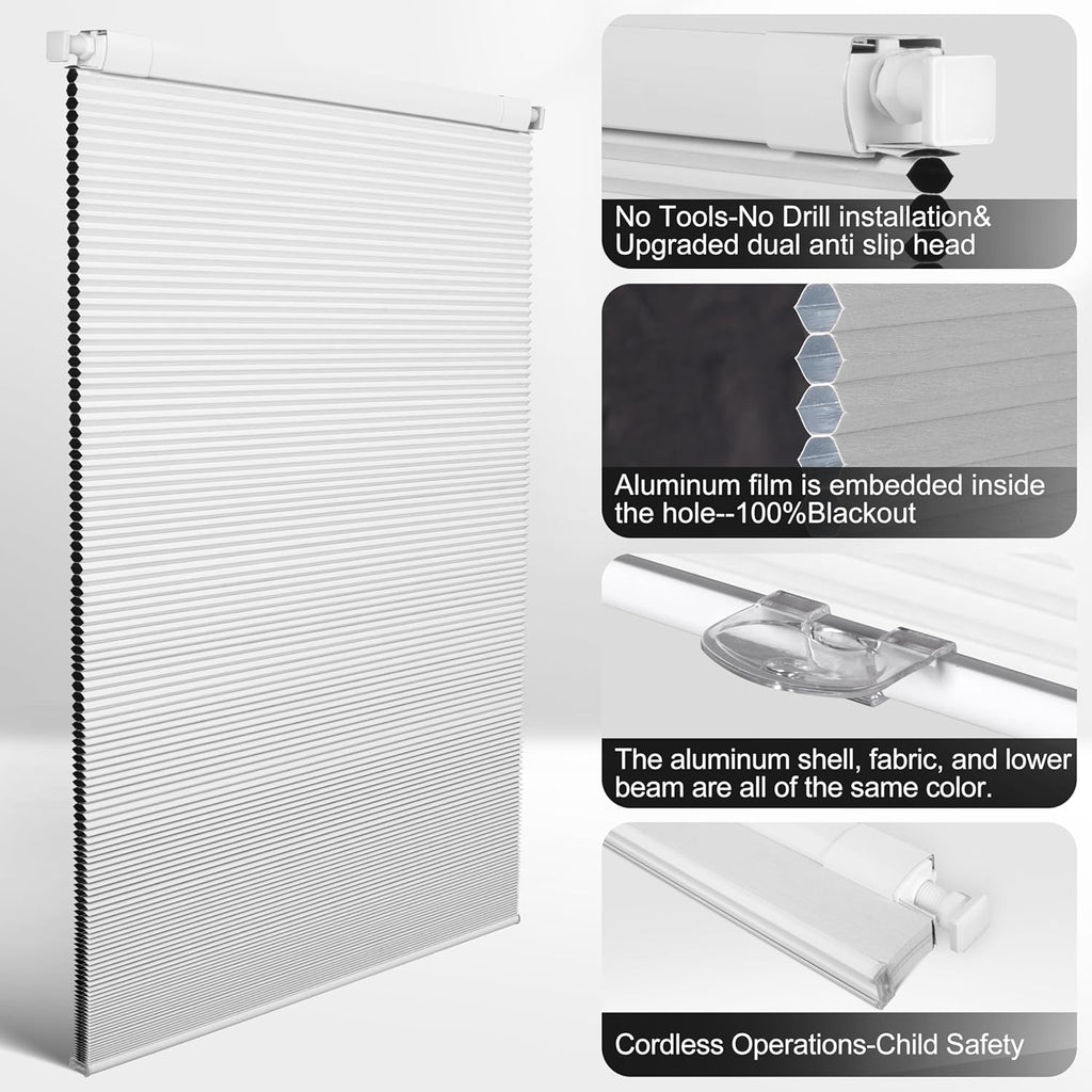 No Drill No Tools Blackout Cellular Shades,White | No Tools Honeycomb Blinds for Indoor Windows.Easy to