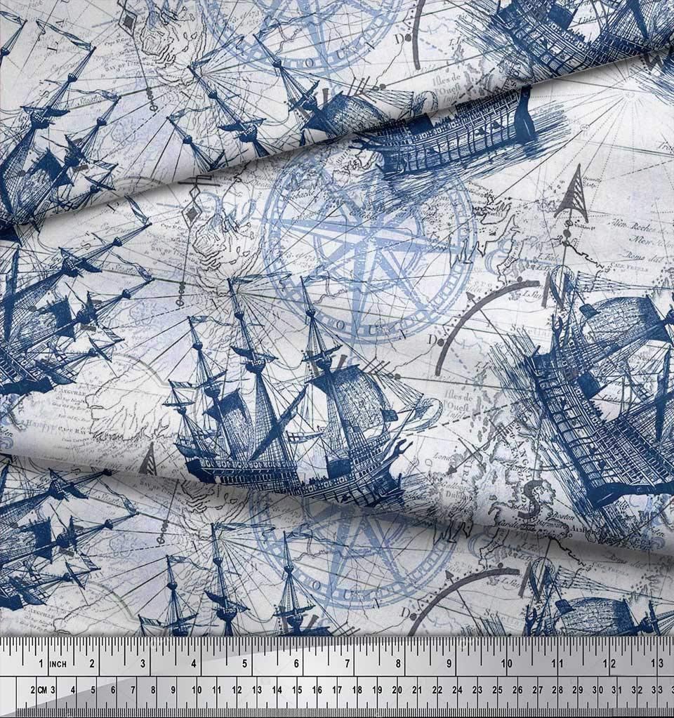 Viscos Chiffon Blue Fabric - by The Yard - 42 Inch Wide - Ship & Direction Compass Nautical Fabric - Nautical