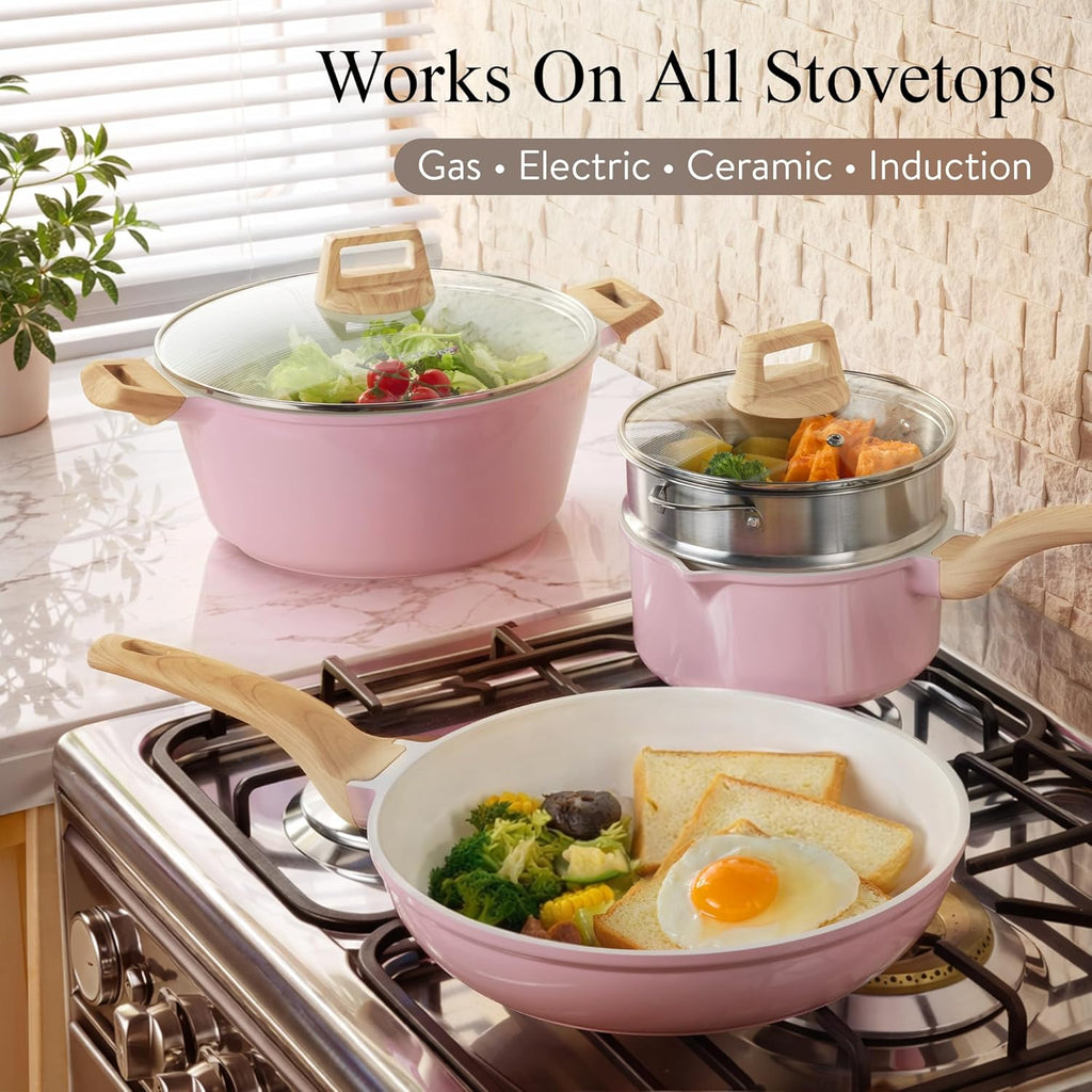 21pcs Ceramic Cookware Set, Pots and Pans Set, Pink | Non-Toxic, Healthy Kitchen set, All-Stovetop Compatible, Easy