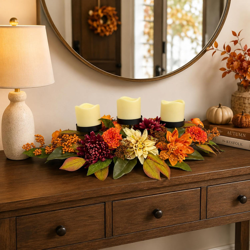 25 Inch Fall 3 Candle Holder Centerpiece with Dahlias and Mums