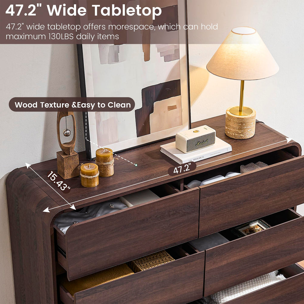 Walnut 6 Drawer Dresser, Curved Chest of Drawers, 47 Inch Wide Dresser with Deep Drawers, Modern Drawer Closet s