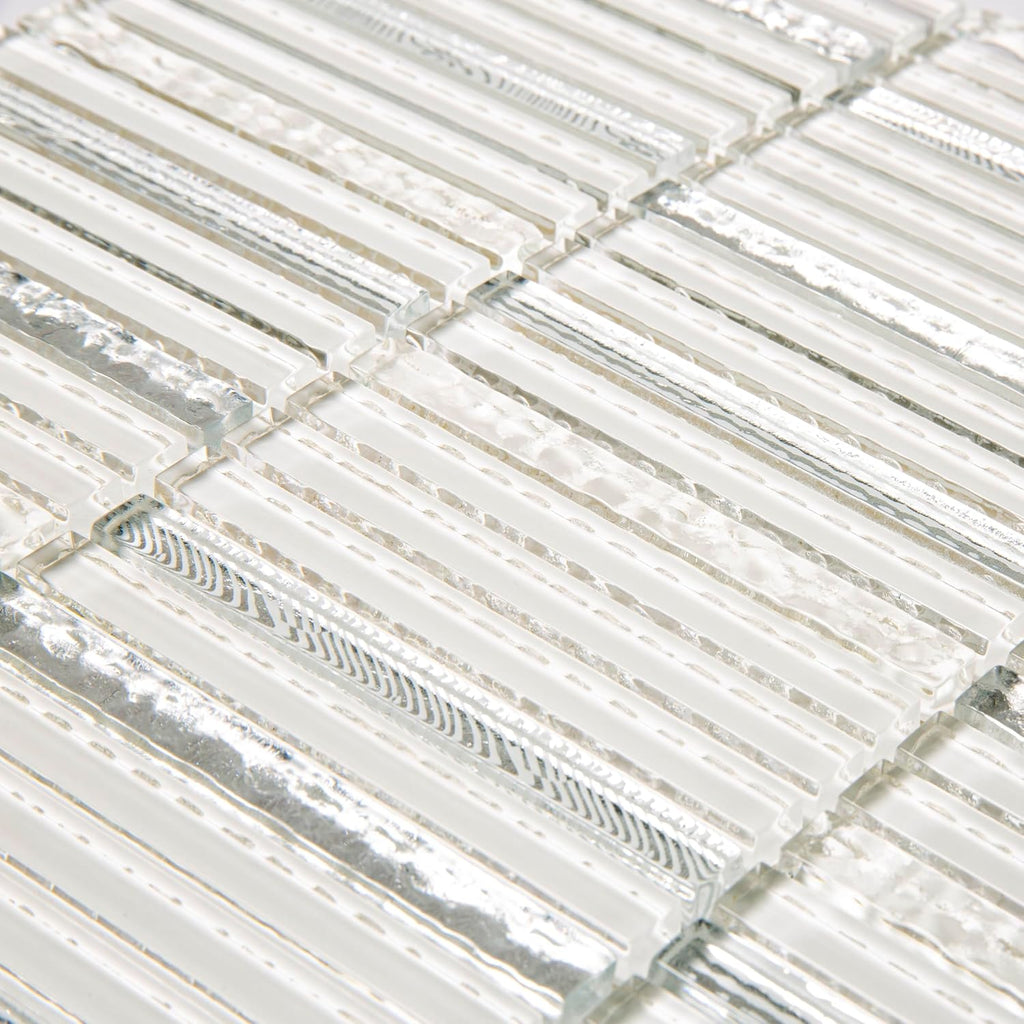 Striped Linear Glass Tile White & Silver 11.8x11.8 4.83 sq ft 5-Pack | Mesh-backed sheets. Kitchen backsplash
