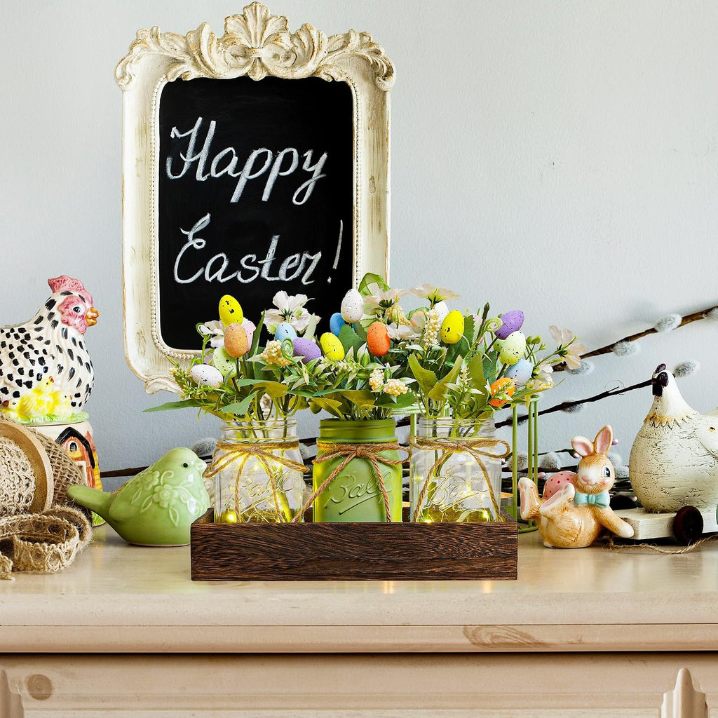 Easter Centerpiece Table Decorations for Table Runner Farmhouse Coffee Table Decor with Wood Tray and Led Light Table - Set of 3
