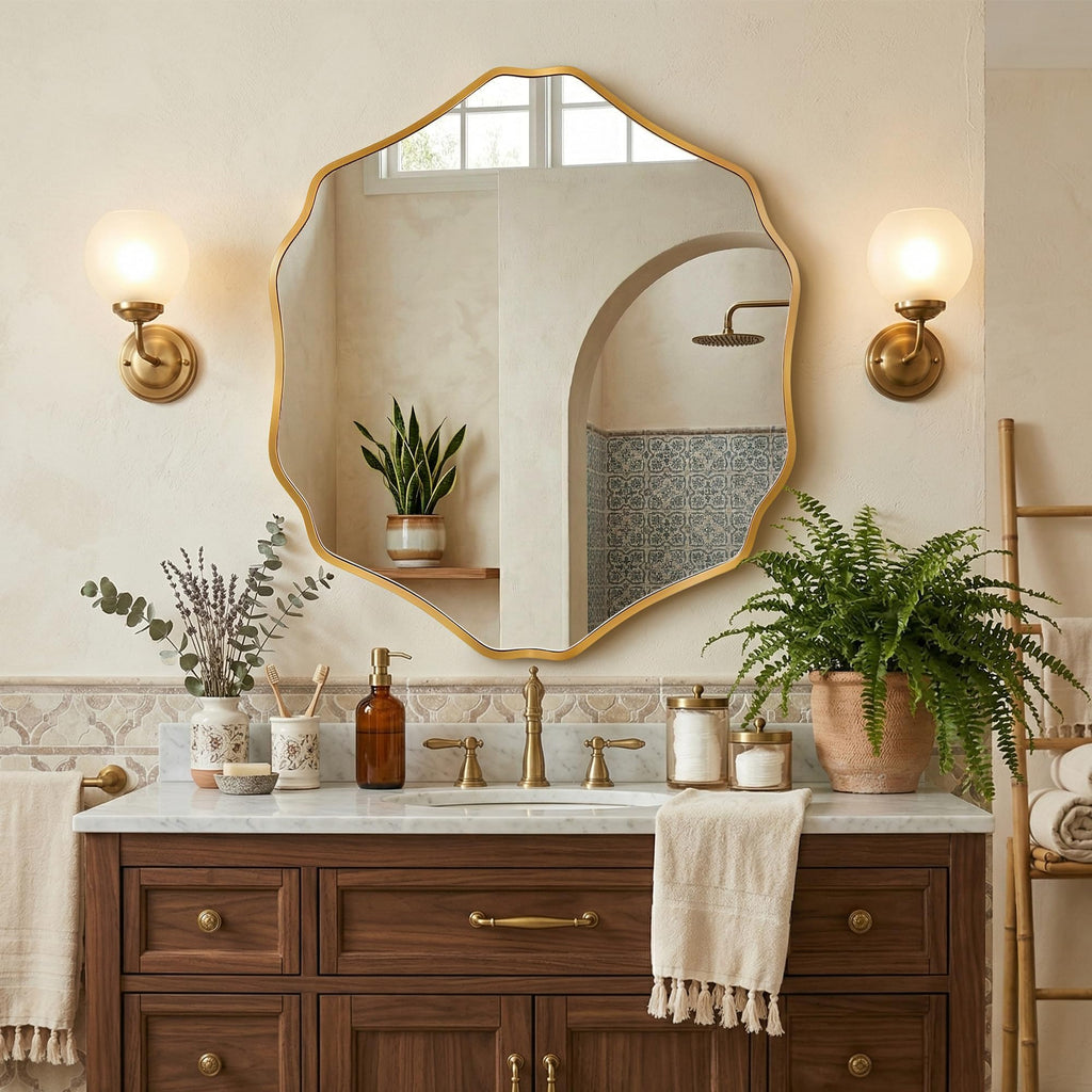 Irregular Hexagon Wall Mirror with Wavy Edge, Modern Decorative Mirror, Frameless Vanity Mirror