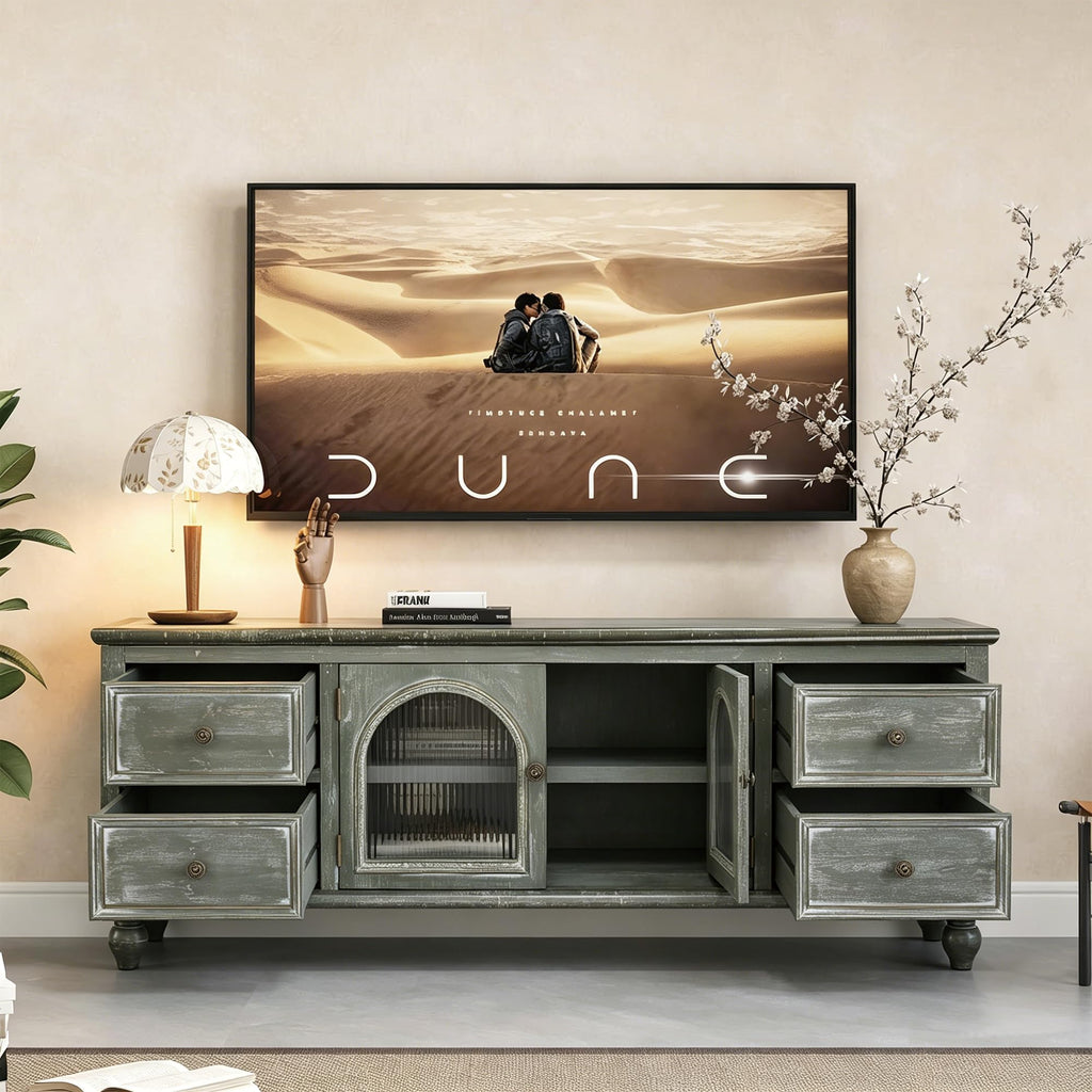 60" Solid Wood TV Stand, Media Console with Glass Doors & Drawers