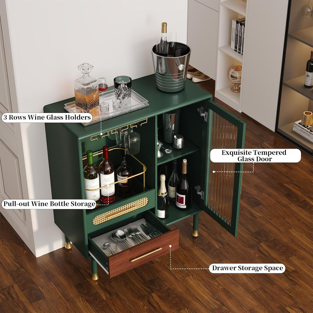 Modern Coffee Bar Cabinet with Pull-Out Wine Storage, Green | Bar Cart with Wine Glass Rack and Drawers, Liquor