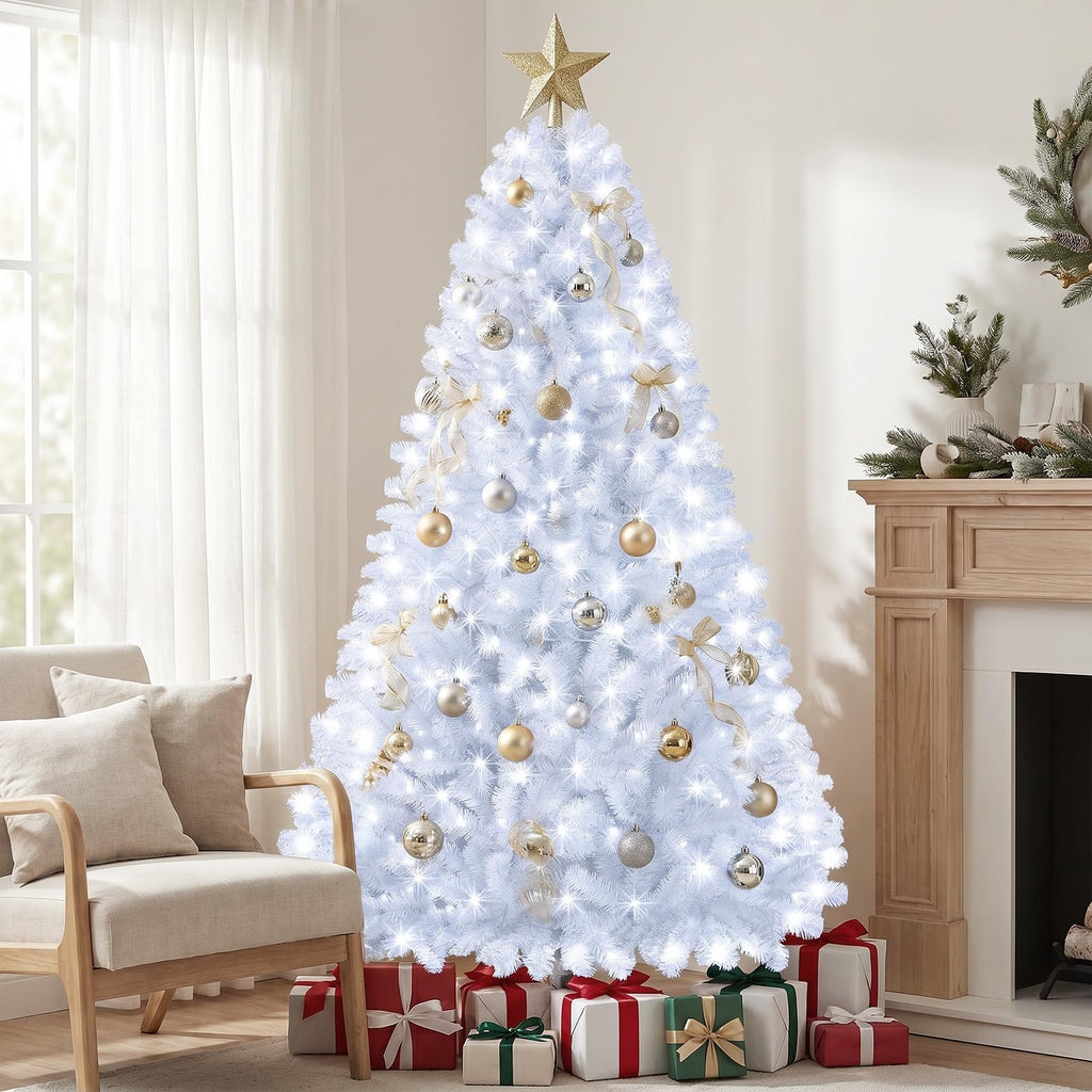 6ft White Prelit Christmas Tree with 300 LED White Lights, 726 Dense Branch Tips, Versatile Holiday Tree for