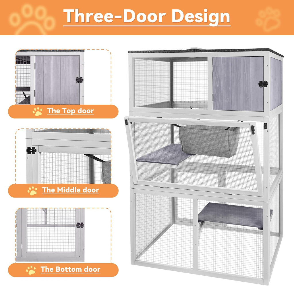 Catio Wooden Outdoor Cat Enclosure with Asphalt Roof, 3 Floors Cat House, Indoor Large Kitten playpen with Hammock &