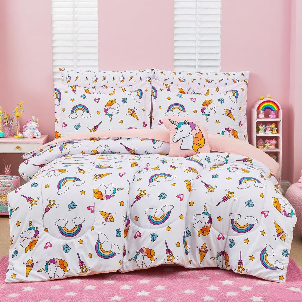 Bed in a Bag for Kids Girls Teens, 8 Pieces Full Comforter Bed Set with Shams, Sheet Set and Decorative Toy Pillow