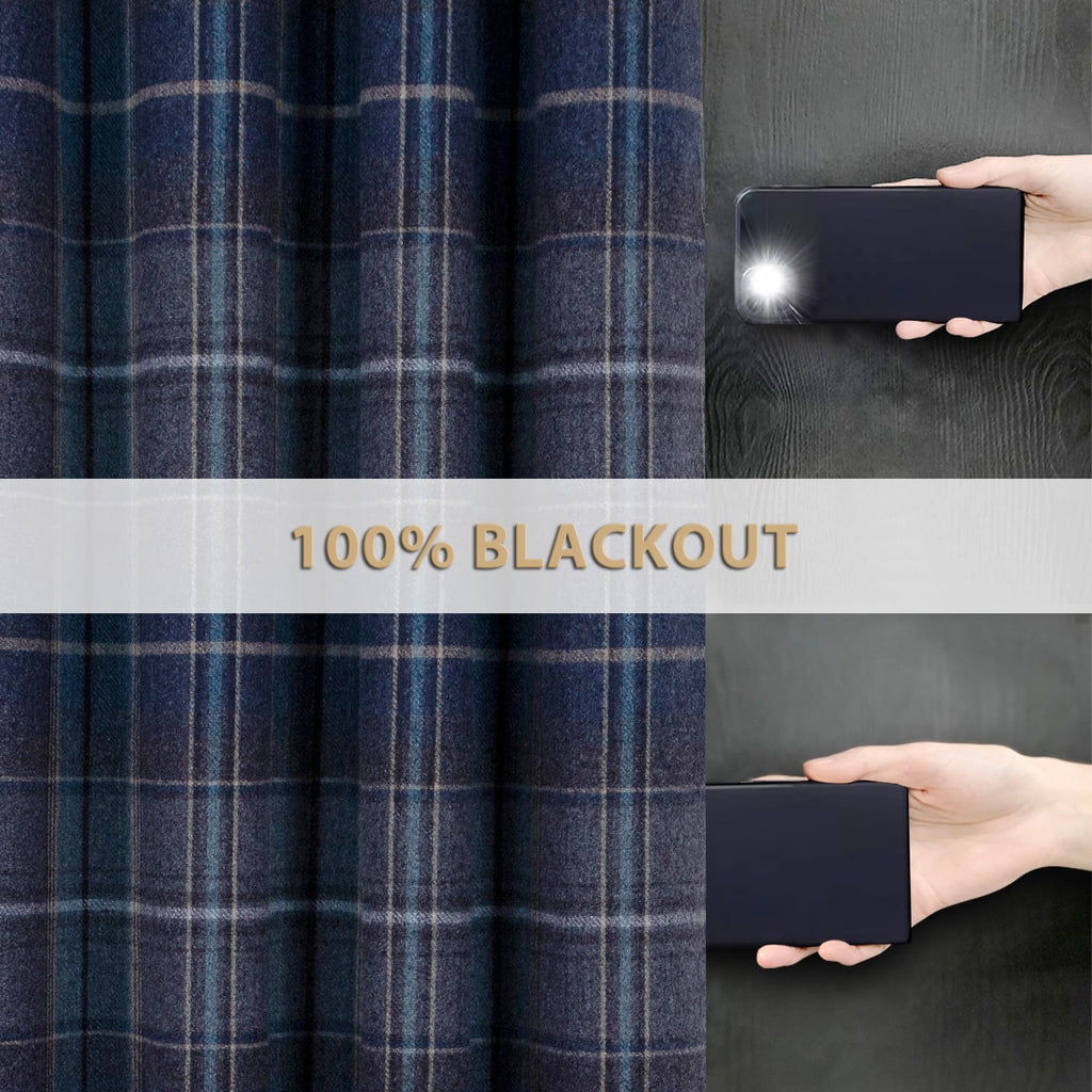 100% Blackout Woolen Look Plaid Curtains Modern Window Panels Navy Blue Checkered Tartan Curtains Bedroom 2 Panels