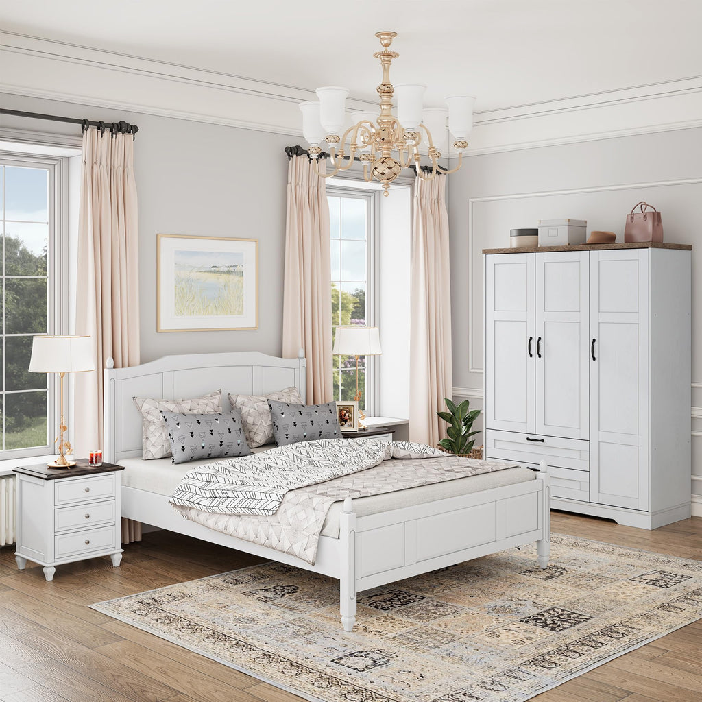 62" Wooden Armoire Wardrobe Closet with Mirror, White, 3 Doors