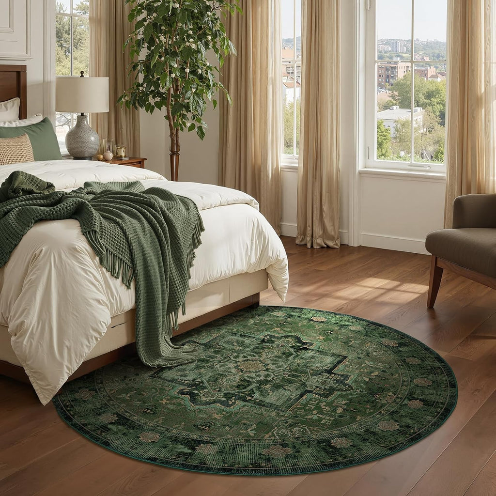Green Round Rugs 6ft, Washable Non Slip Low Pile Thin 6 Feet Circle Rug Table Kitchen, Vintage Medallion 6x6 Round