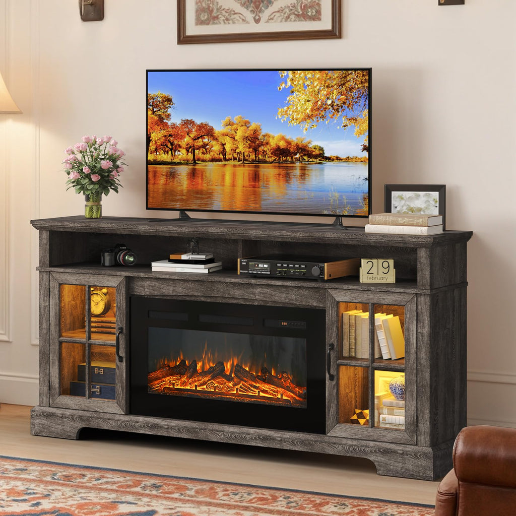 70" TV Stand with Electric Fireplace for TVs Up to 80", Gray & Black