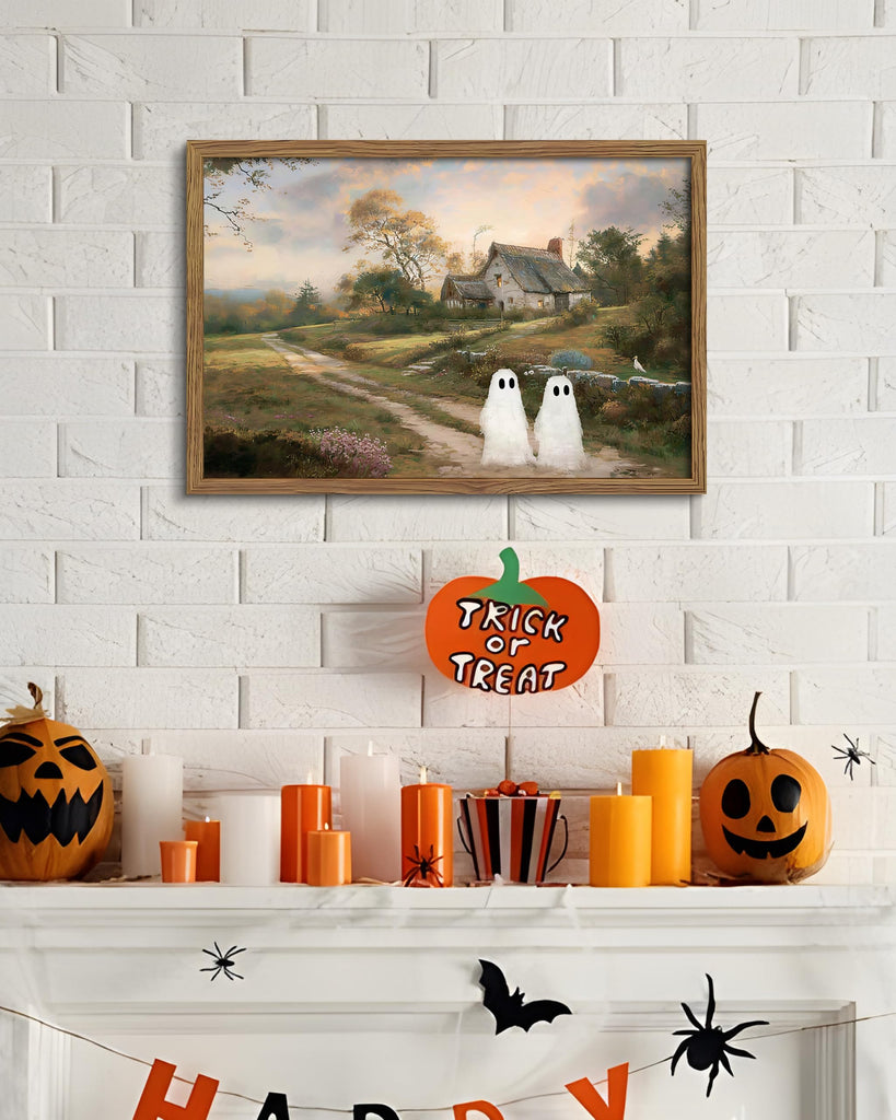 Vintage Landscape Ghost Wall Art, Gothic Halloween Cute Ghost Canvas Wall Decor Painting, Retro Rustic Cottage