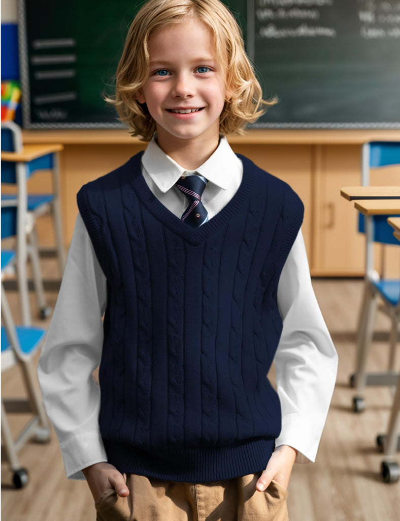 Unisex Cable Knit 100% Cotton Toddler Uniform Vest for Little Big Childrens Kids Teenage Girls Classic Navy