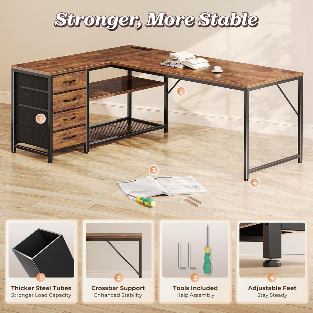 61" L Shaped Desk with Power Outlets & 4 Drawers | Reversible Computer Desk with 2 Storage Shelves, Large Corner