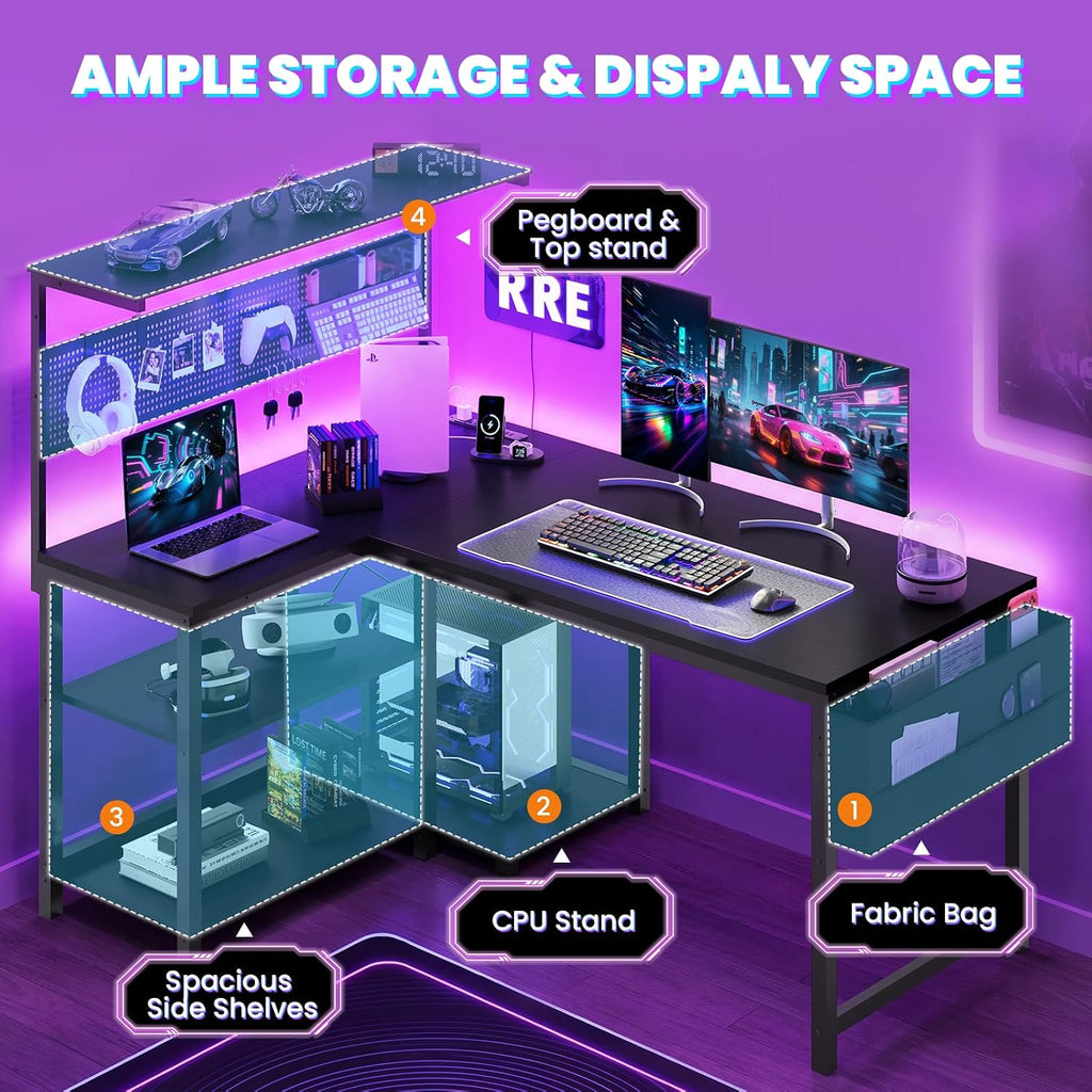 47in L Shaped Gaming Desk with Pegboard & Shelf & Storage Bag, Black | LED Light, Power Outlet, Reversible Gaming