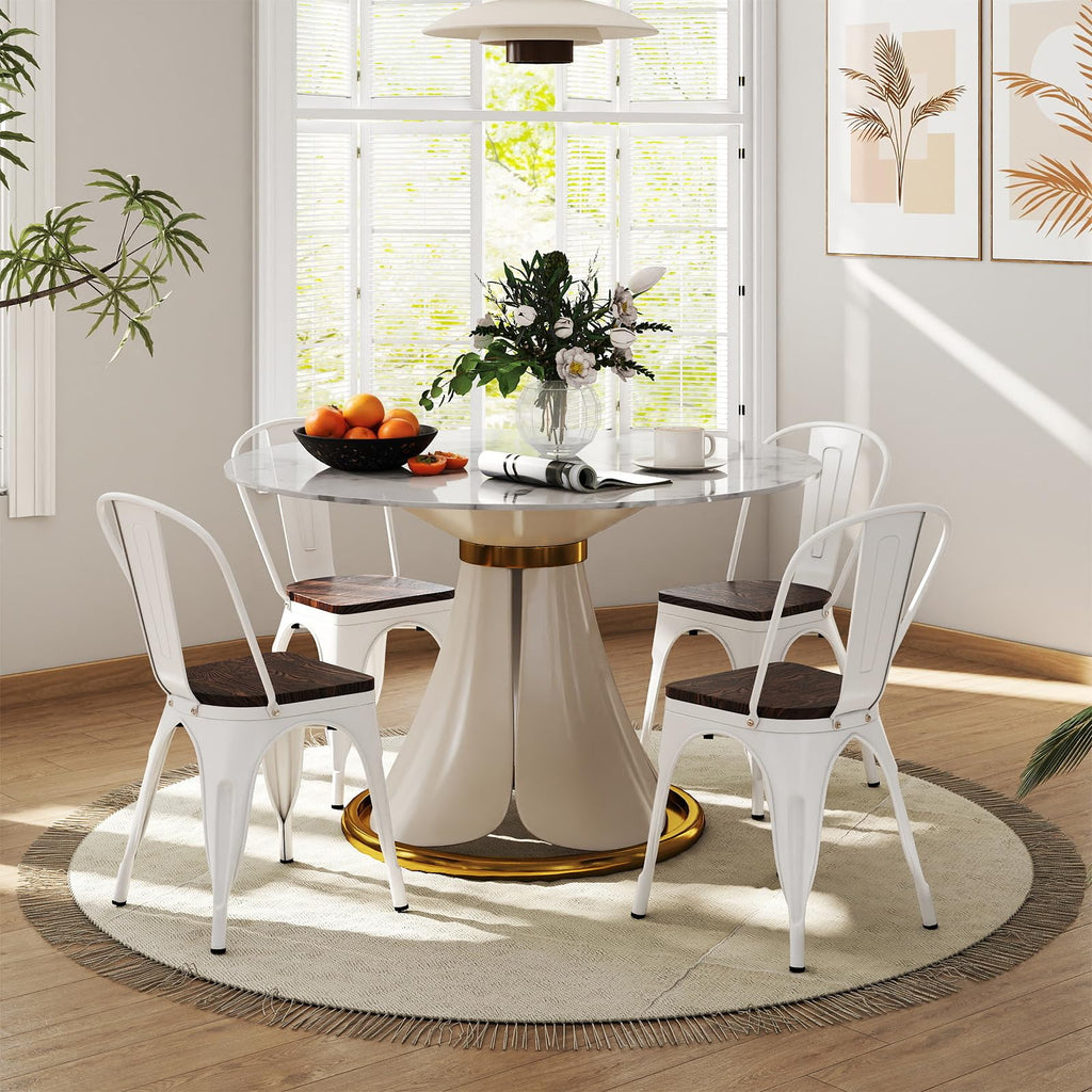 Stackable Metal Dining Chairs Set of 4 with Wood Seat and High Back