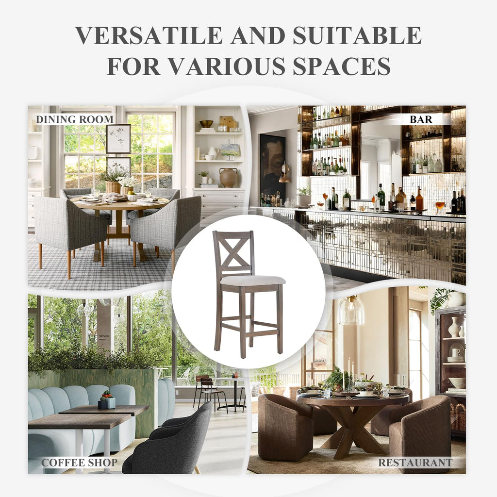 Upholstered Counter Height Bar Stools Set of 4, Modern Kitchen Island Barstools Chairs with Cross Back and Wood Legs