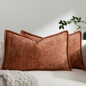 Pack of 2 Burnt Orange Fall Decorative Throw Pillow Covers 12x20 Cozy Soft Chenille Accent Vintage Rectangular Lumbar
