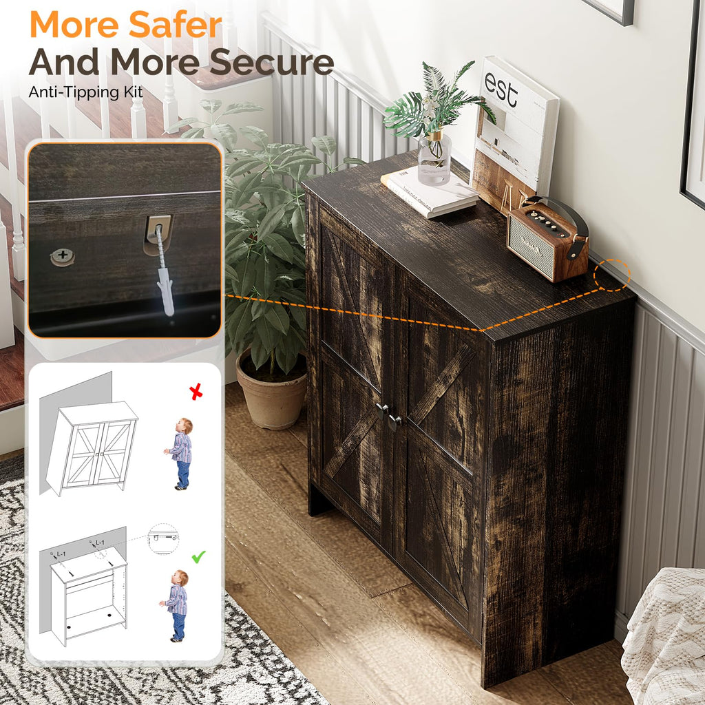 Shoe Cabinet with Doors, 5 Tier Dark Rustic Oak Wooden Shoe Storage Cabinet with Double Barn Doors, Adjustable