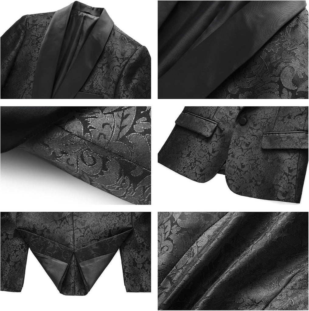 Boys Suit 3 Pieces Slim Fit Tuxedo Formal Set with Floral Jacquard Jacket Pant Vest for Wedding Prom Party