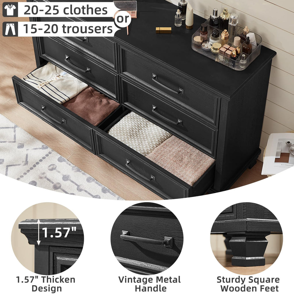 Farmhouse Black 6 Drawer, 54 inch Wide Vintage Large Chest of Drawers with Square Wood Legs, Rustic TV Console