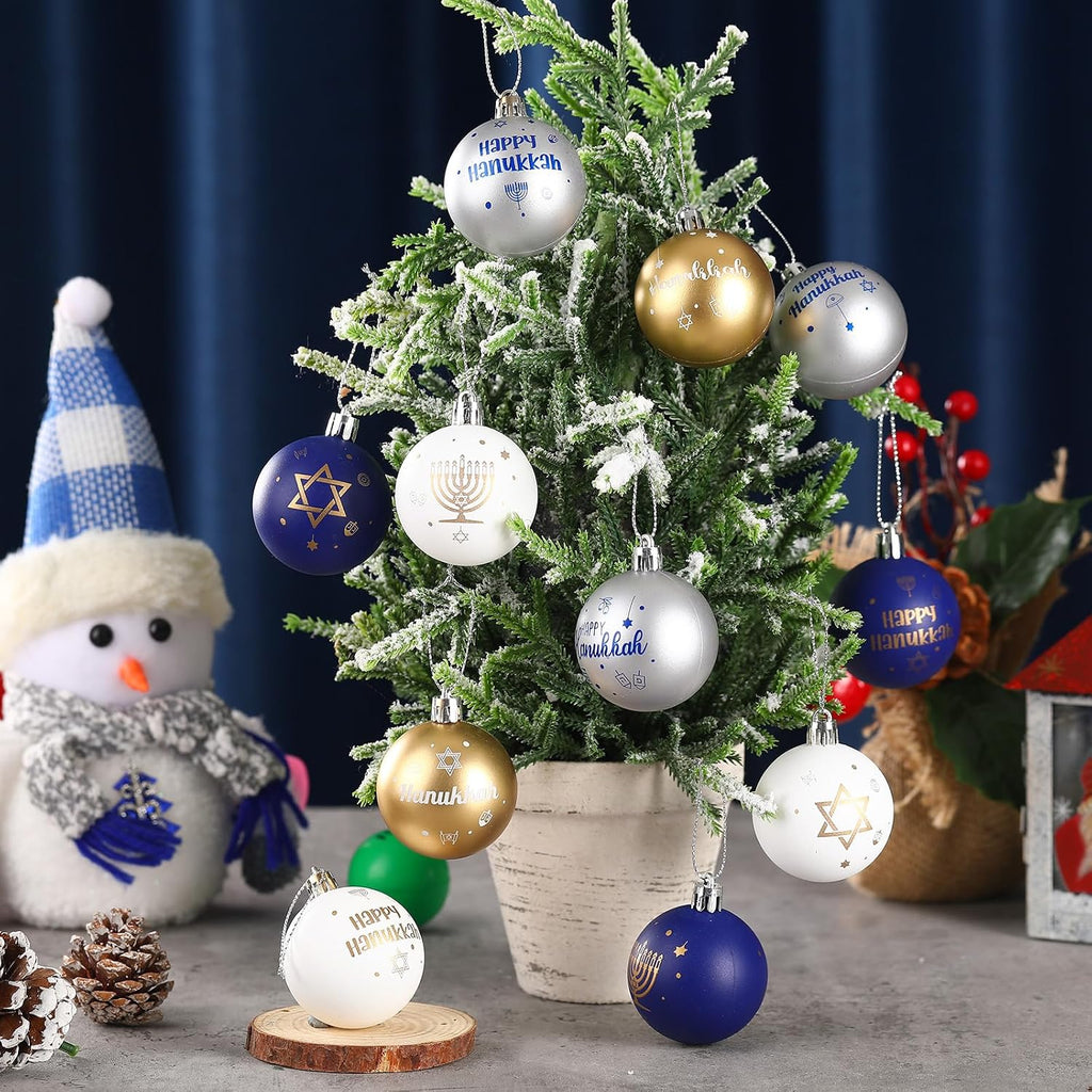 Hanukkah Ball Ornaments - Plastic White Blue Gold Jewish Chanukah Decorative Hanging Ornaments, Party Decor - Set of 12