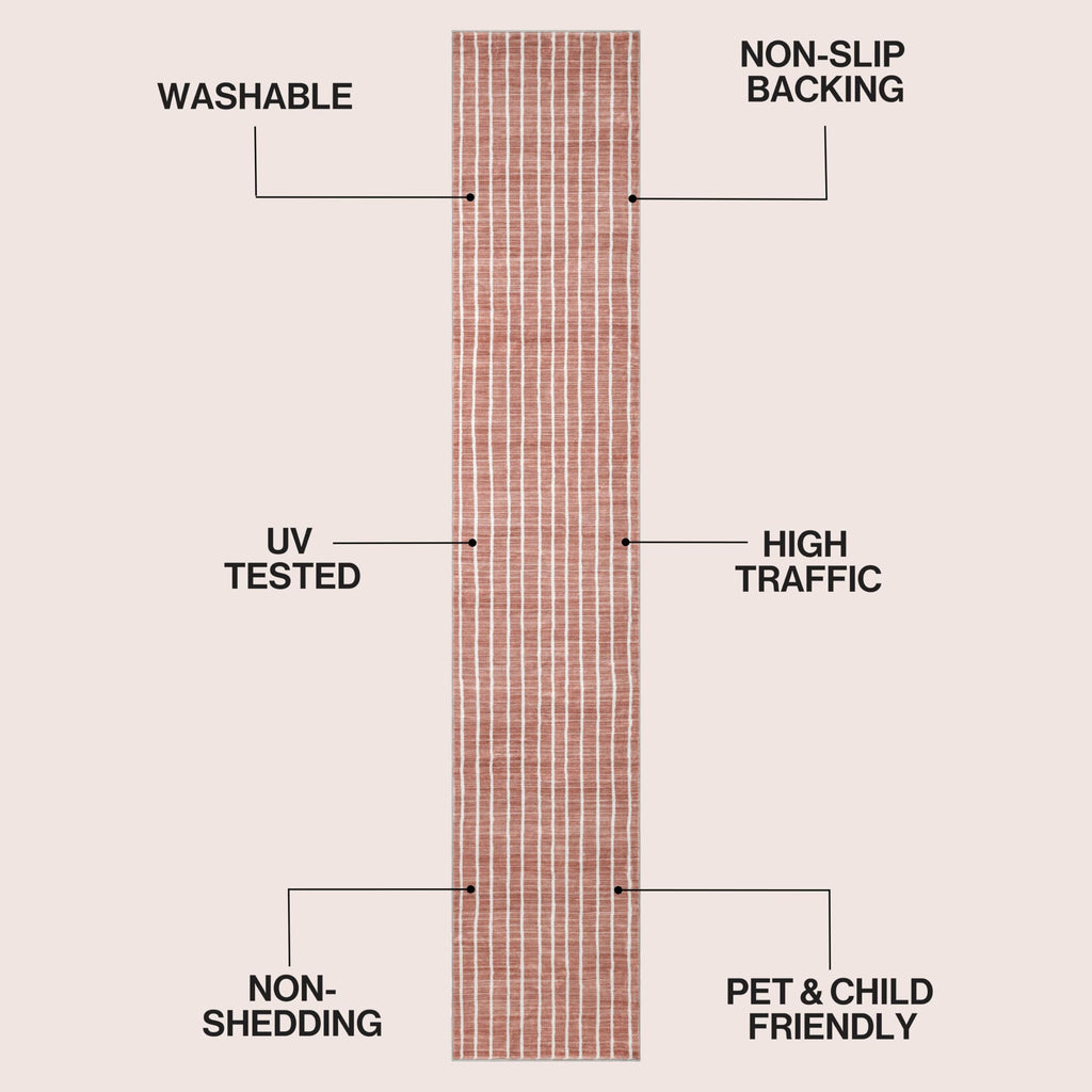 Washable Orton Distressed Ticking Stripe 2' x 8' Machine-Washable Polyester Runner Rug, Rose Clay and Cream