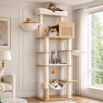 Wooden Cat Tree Tower with Rattan Condo, Big Platform