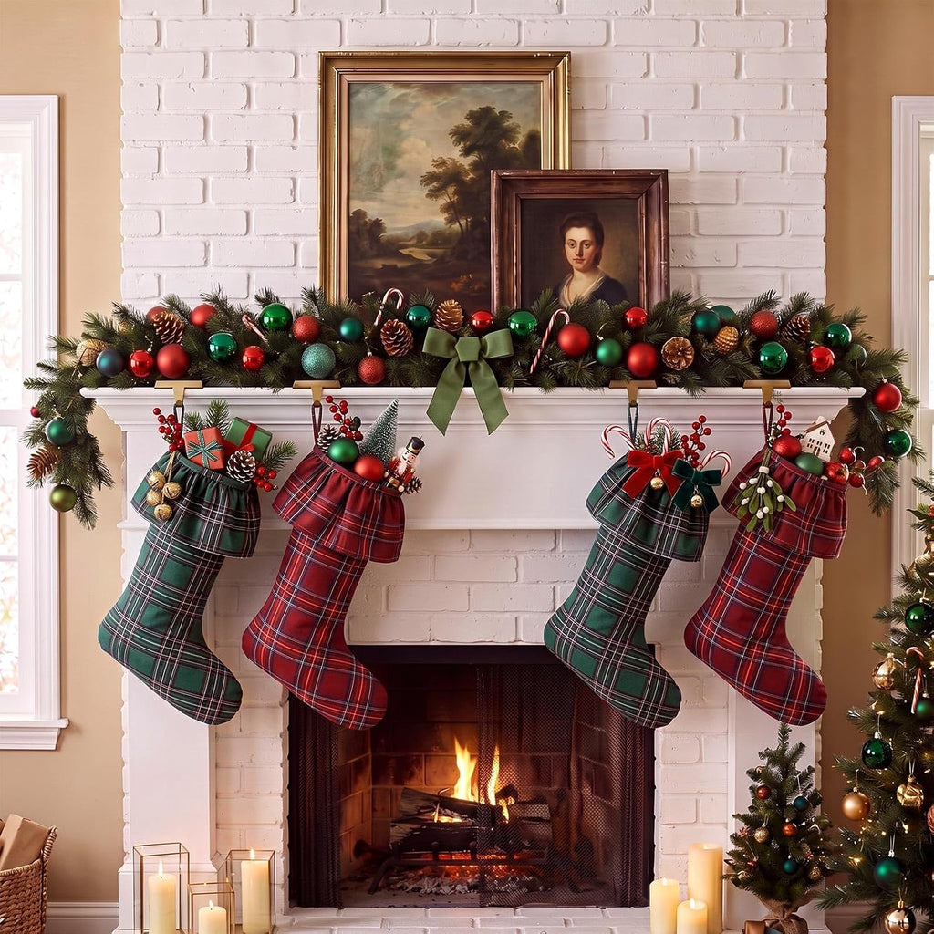 Large Christmas Red Green Tartan Plaid Stockings Decor Gift - Set of 4