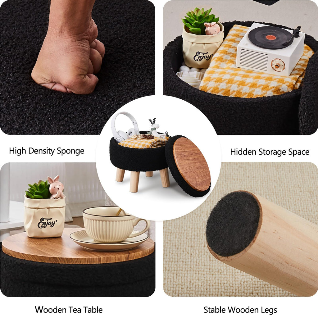 Storage Ottoman, Modern Round Footrest with Soft Padded Seat, Teddy Velvet Footstool with Wood Legs, Accent Small