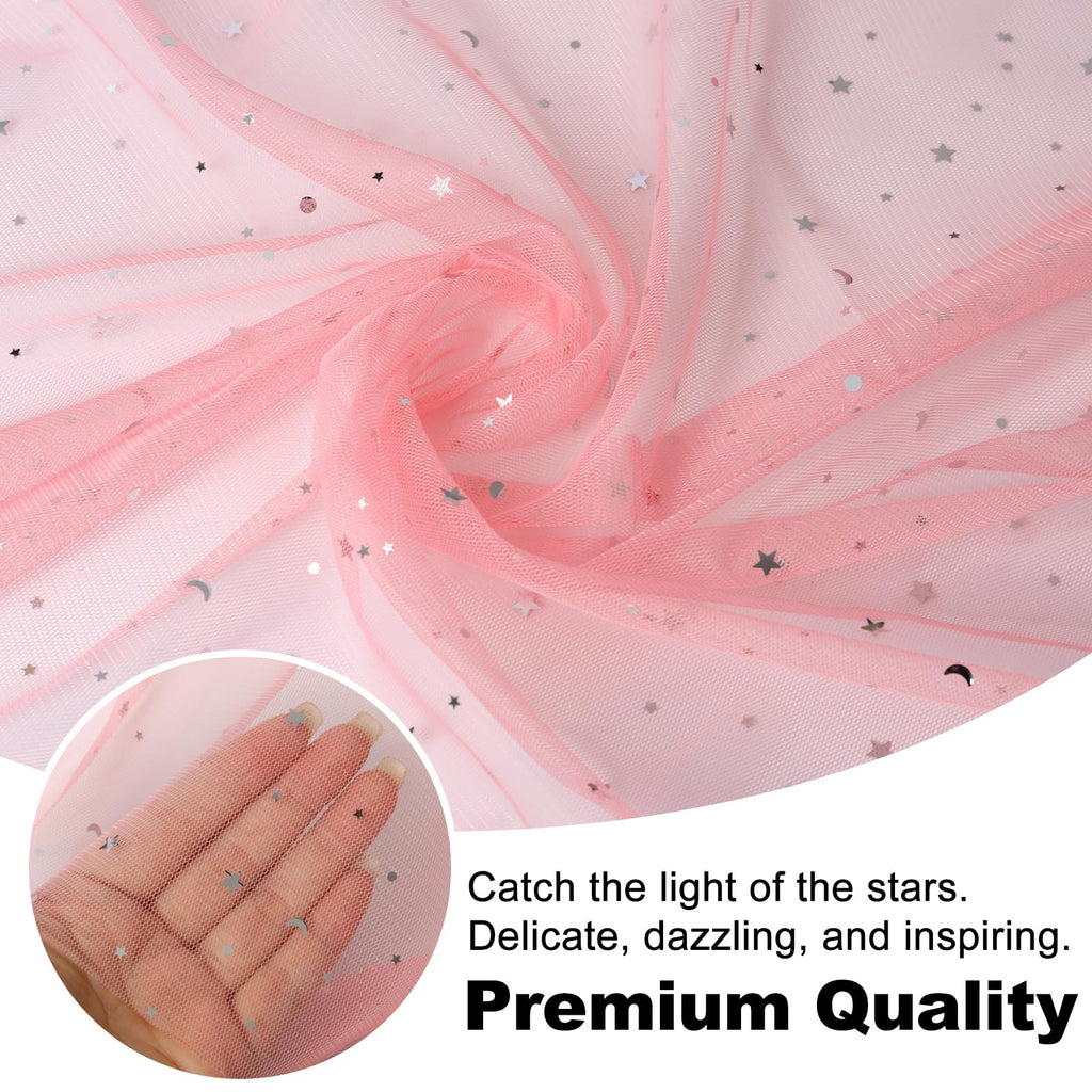 61"Width Glitter Tulle Fabric with Star Moon Sequin, 100% Polyester, Sparkly Fabric for Tutu Skirt Bridal Veil