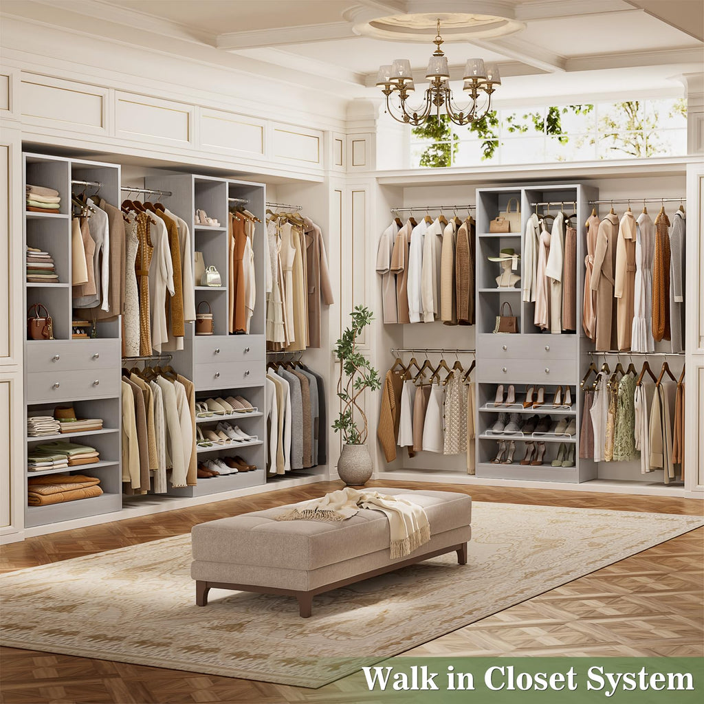 Closet System, 4.2-8.8 FT Closet Organizer with 2 Wooden Drawers and Shelves, Walk-in Closet System with 5 Hang Rods