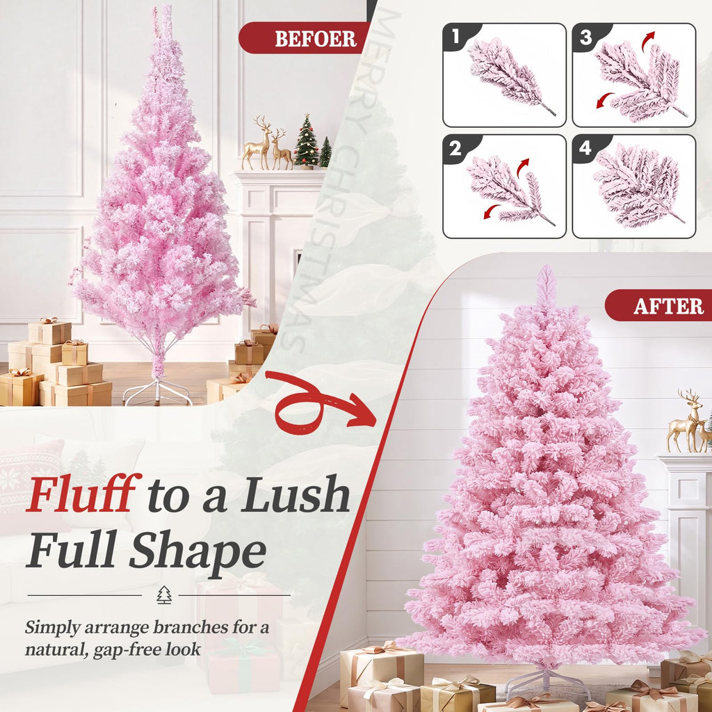 6ft Artificial Christmas Tree Unlit Pine Xmas Tree, Flocked Pink