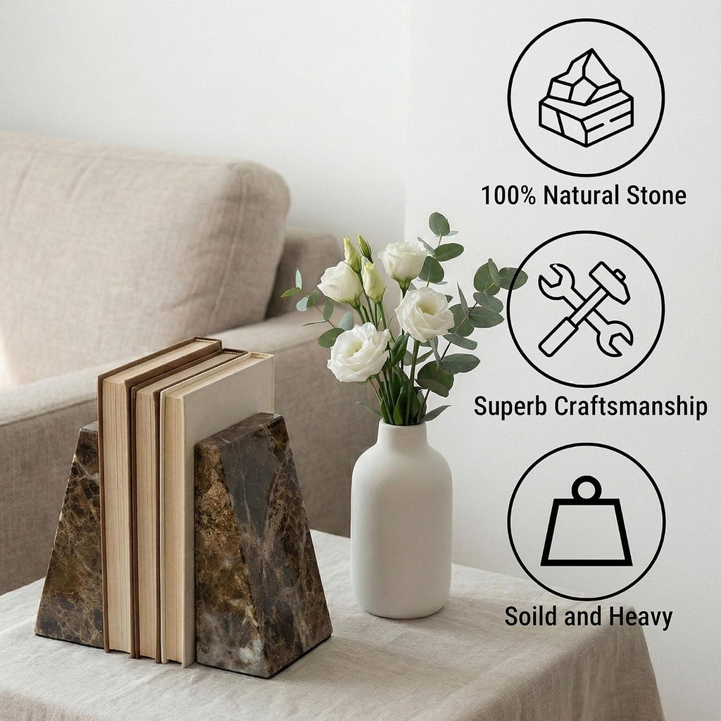 Decorative Bookends for Bookshelves, Set of 2 Marble Bookends , Heavy Duty,2 Pieces, Brown