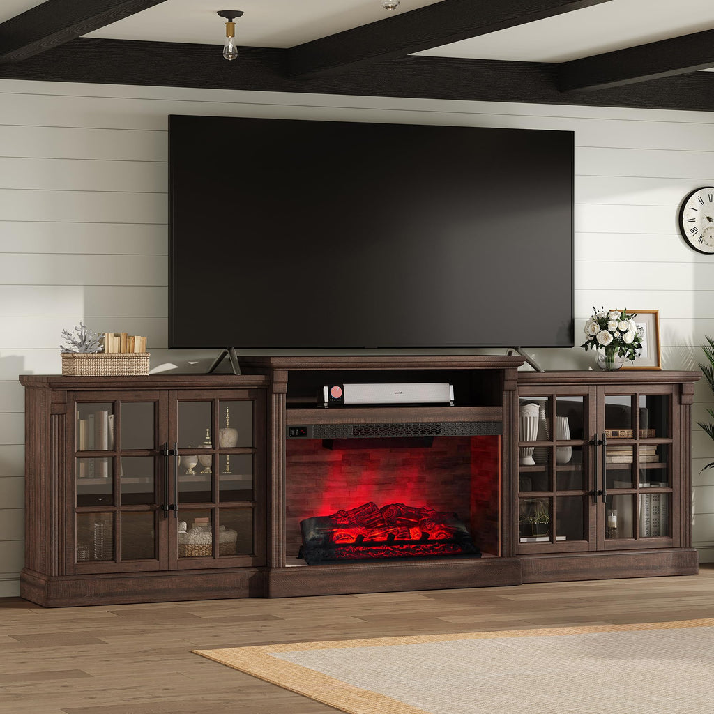 97" Farmhouse TV Stand with 33" Fireplace, Rustic Brown