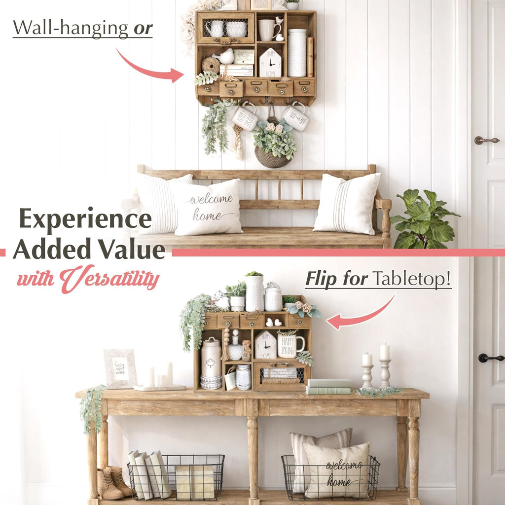 Farmhouse Medicine Cabinet Organizer - Rustic Chicken Wire Wall Shelf with Hooks | Apothecary Shelf & Bathroom Wall