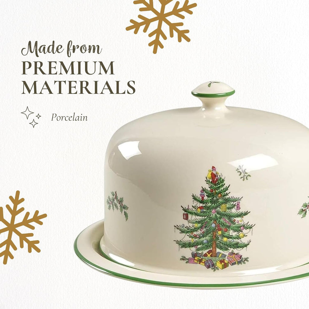 Christmas Tree 2 Piece Serving Platter with Dome Set - Ceramic Holiday Serving Tray for Cakes, Desserts, Side Dishes