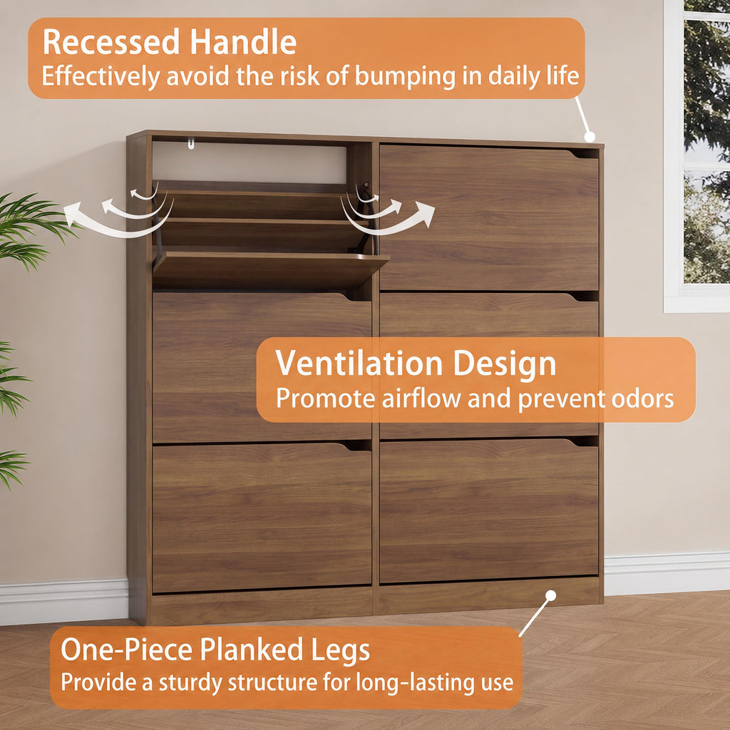Walnut Hidden Shoe Storage Cabinet with 6 Flip Drawers