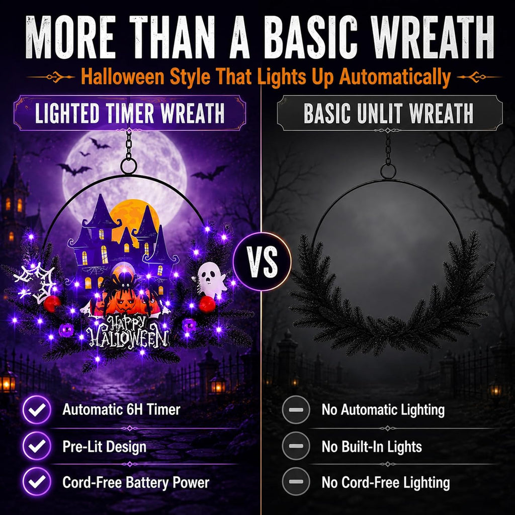 Halloween Decorations Fall Lit Ghost Wreath Twinkling Pumpkins for Front Door Light Up Haunted House Wreath with Bats - Set of 30