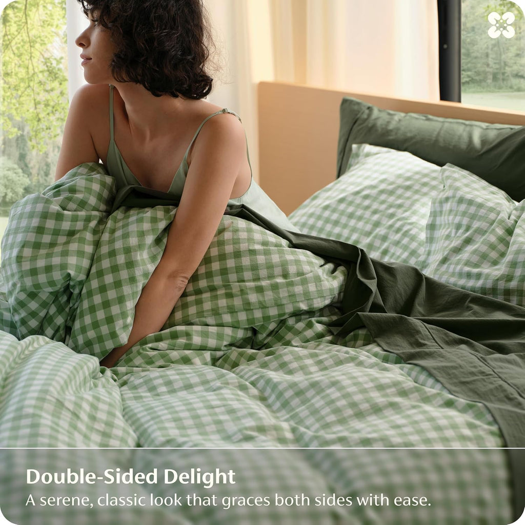 Gingham Duvet Cover Queen, 100% Washed Cotton Duvet Cover Linen‑Like, PureWoven with Reversible Yarn‑Dyed Design & Double‑Stitch Craft, 3-Piece with Zipper, Gingham Willow Green, 90"x90"