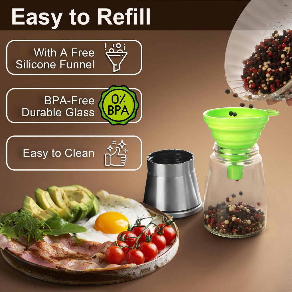 Stainless Steel Salt and Pepper Grinder Set - Short Glass Shaker, Pepper Mill & Salt Mill with Adjustable Coarseness - Set of 2