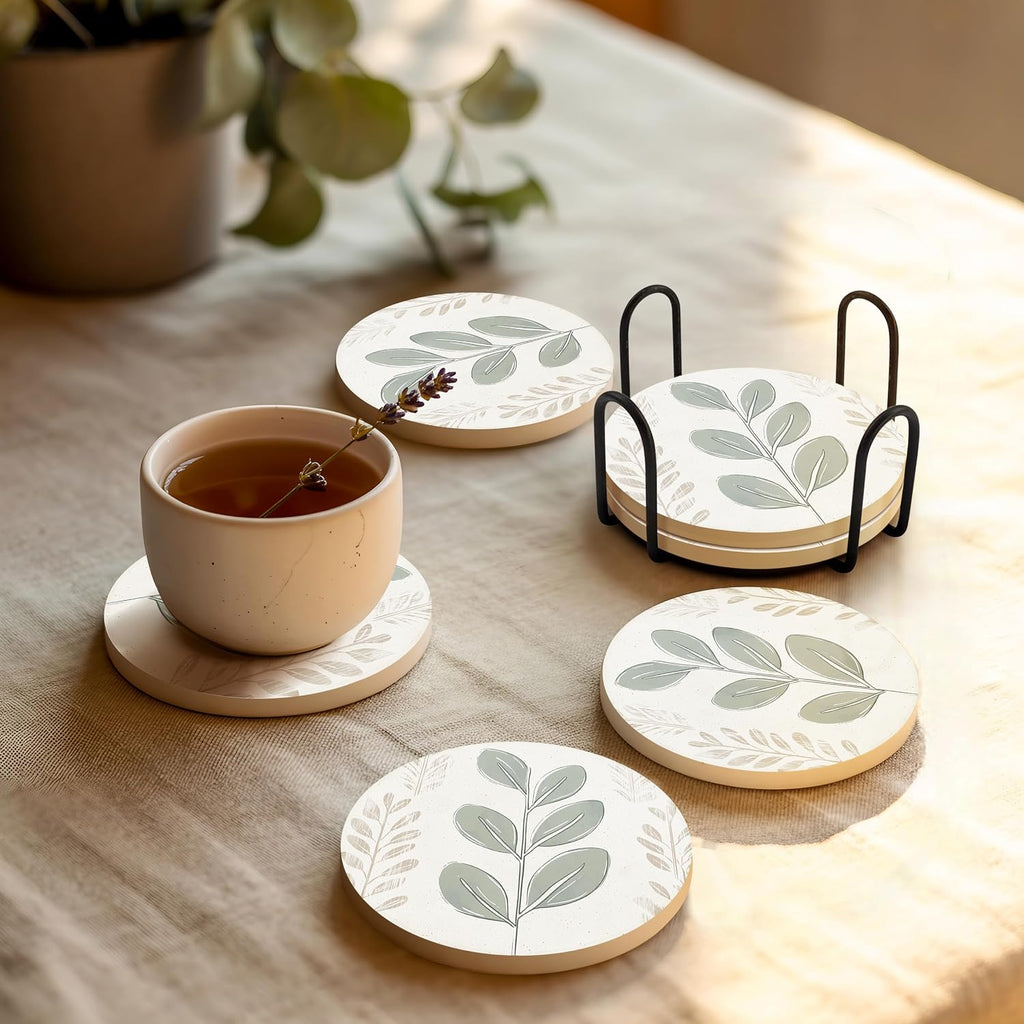 Ceramic Coasters - Absorbent Stone Drink Coasters with Holder, Non-Slip Cork Backing, Modern Marble Look - Set of 6