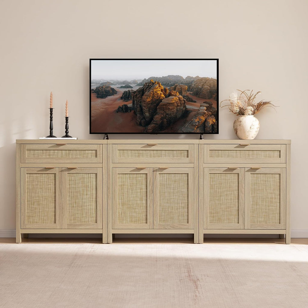 Sideboard Buffet Storage Cabinet Set of 3, Rattan Credenza Buffet | Boho Console Accent Cabinet with 6 Doors and 3