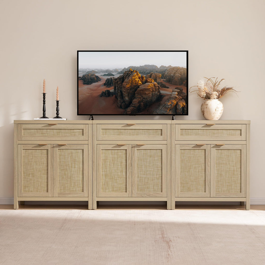 Sideboard Buffet Storage Cabinet Set of 2, Rattan Credenza Buffet