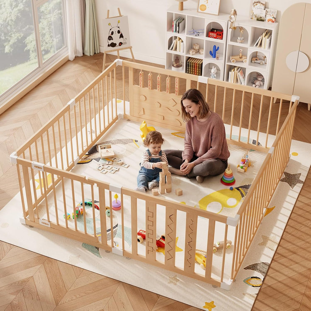 Wooden Baby Playpen, 64"x64" Extra Large Play Yard for Toddlers | Natural Wood Playpen with Child-Proof Lock, Easy