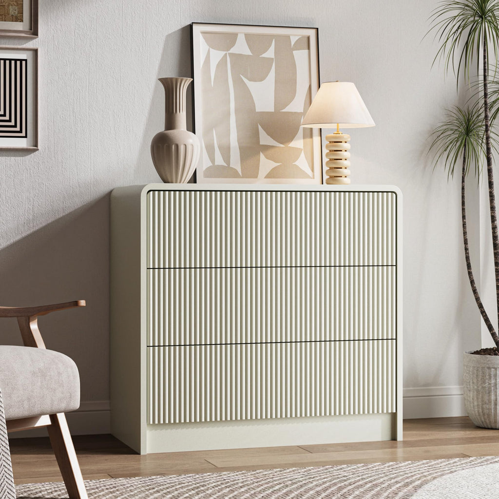 31.5" Wide Modern Curved 3 Drawer Dresser, Beige