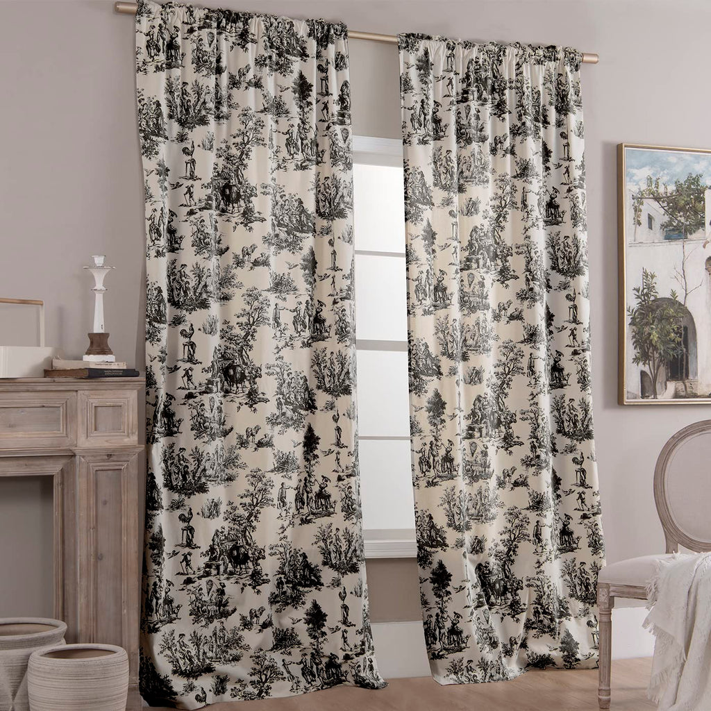 Black Curtains 84 Inches Long Patterned Print Semi Blackout Farmhouse Modern Toile Pattern on Cream White Cotton